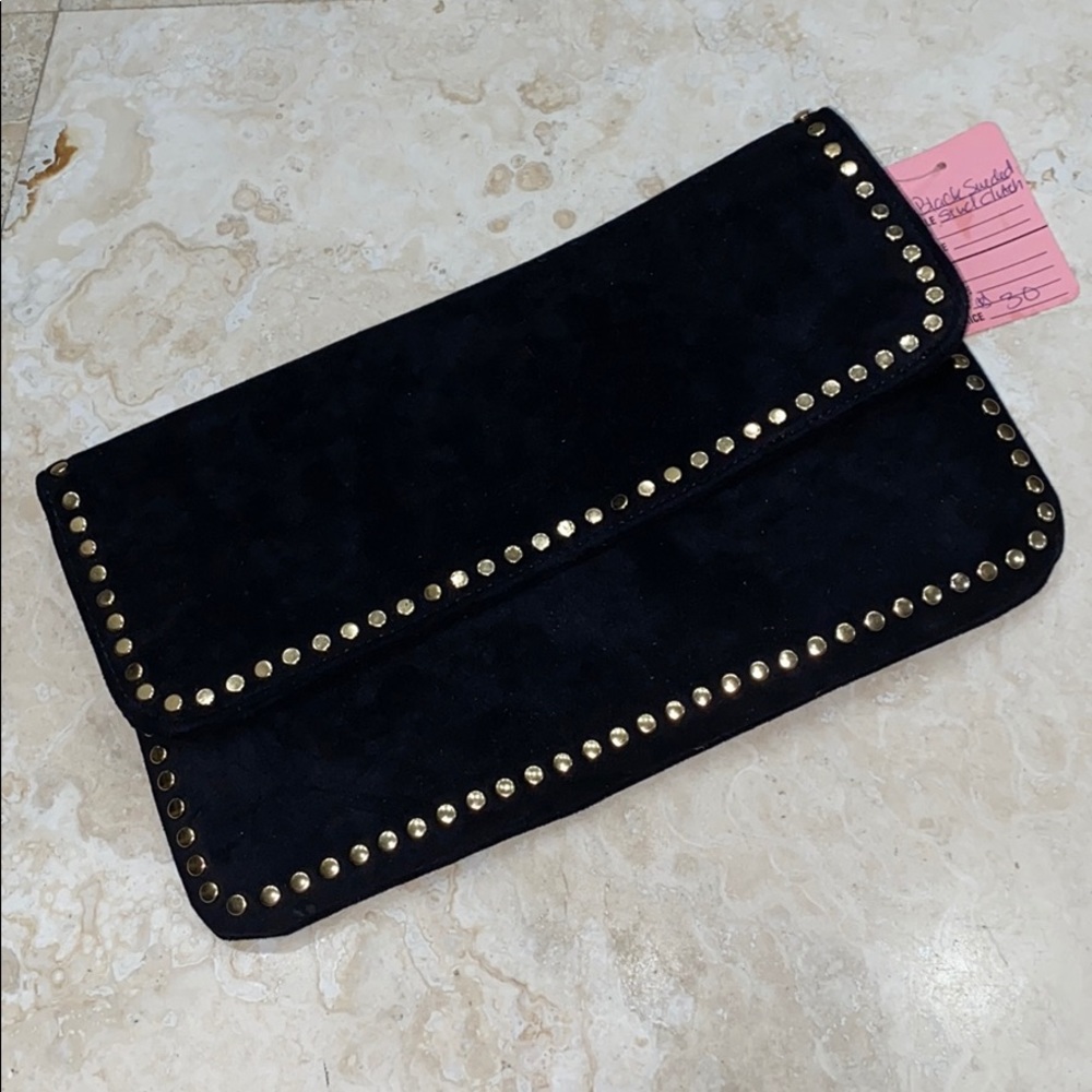 Boutique Black Suede Clutch with Gold Edgi…